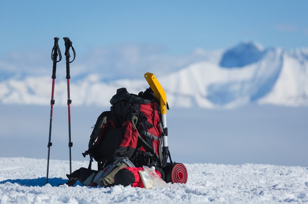 Camping gears on the snow ground