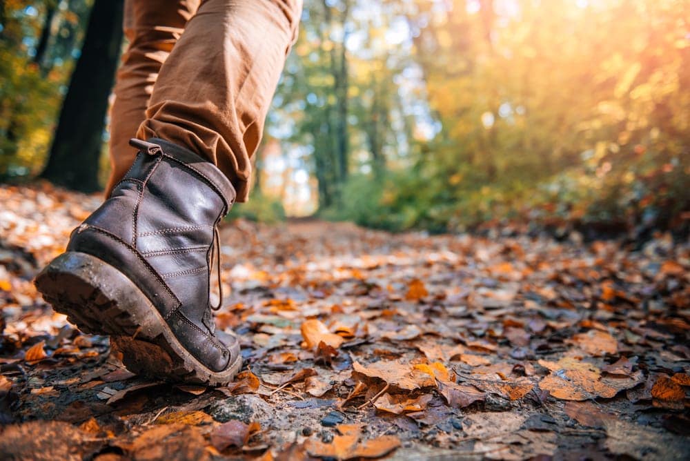 Man walking with a hiking boots in the forest