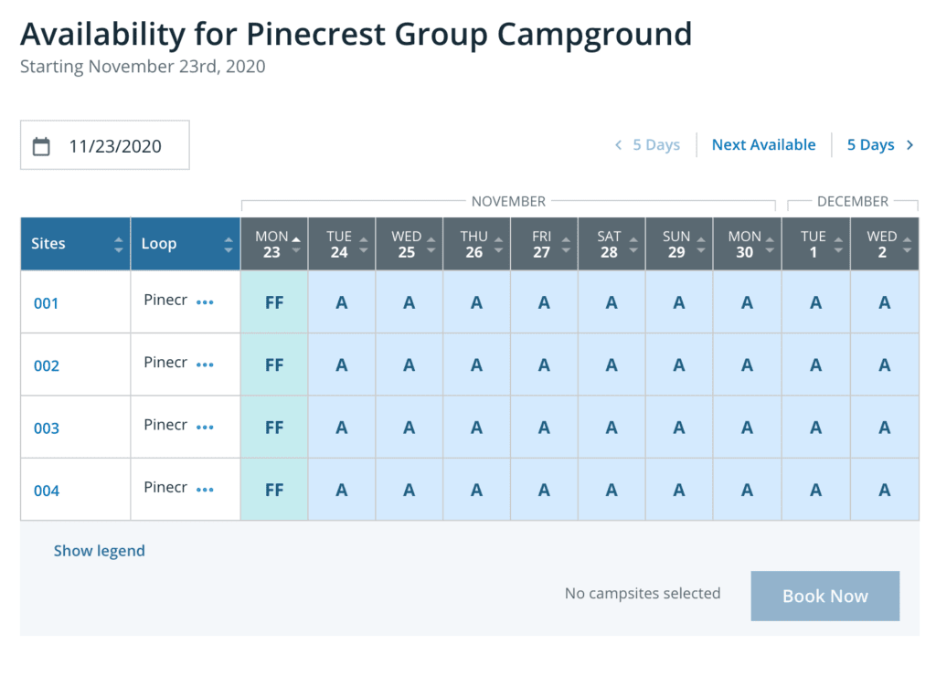 Sample Schedule for Pinecrest Campground