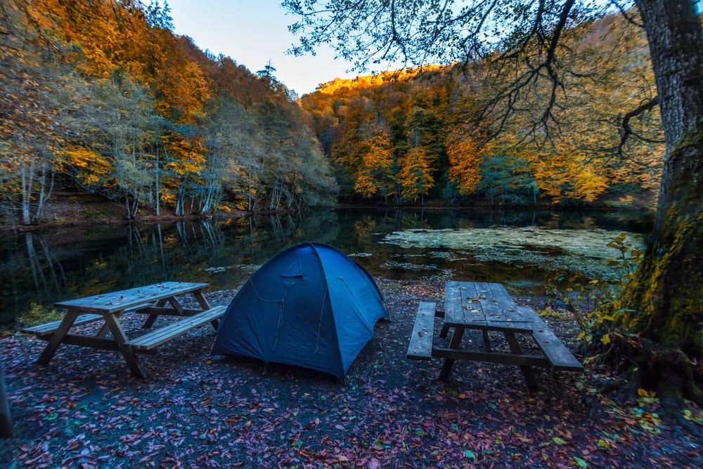 Camping tent in between two benches in fall