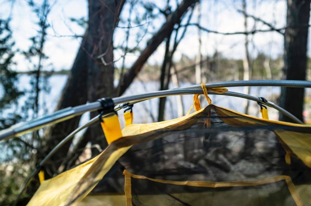 Camping tent poles in close up