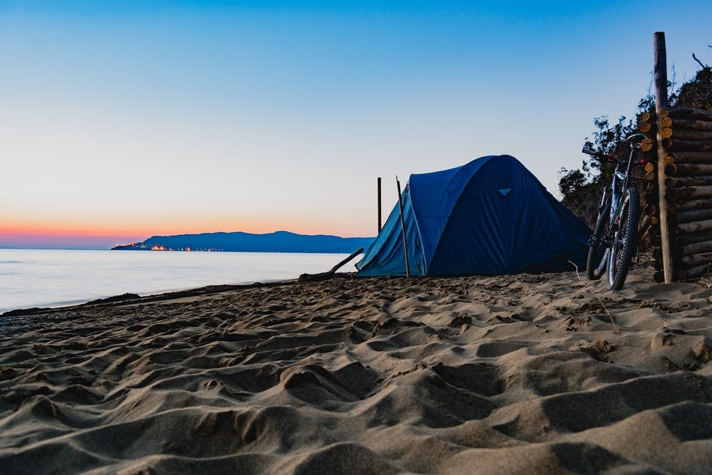 camping tent set up in the beach