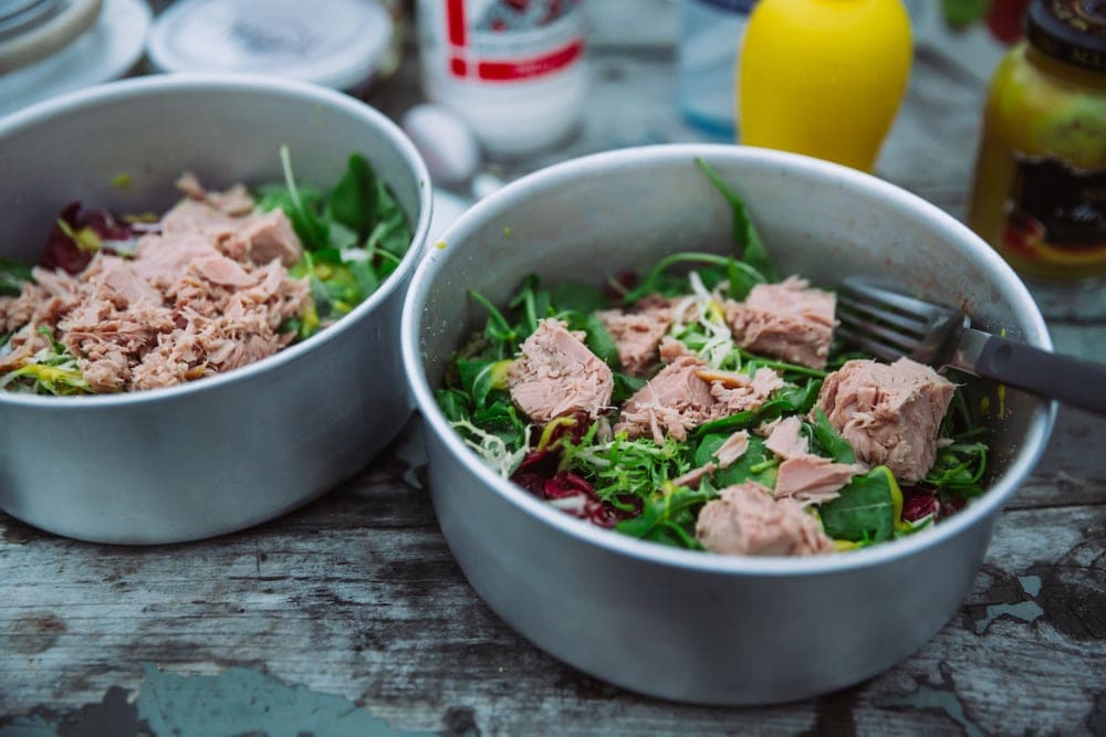 Tuna salad on a bowl as camping food
