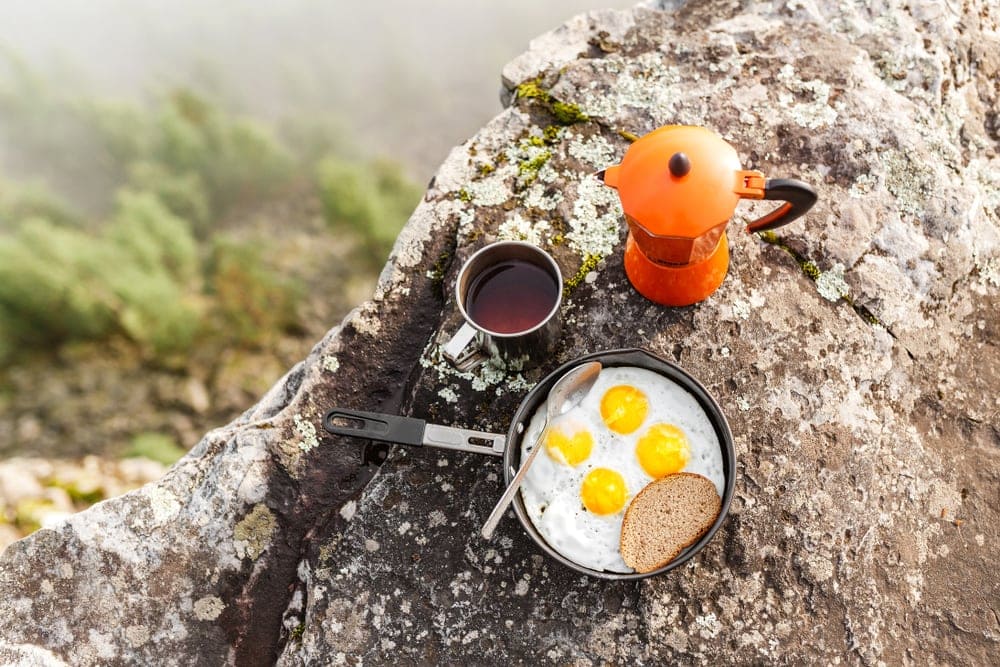 Camping coffee and egg as camping food