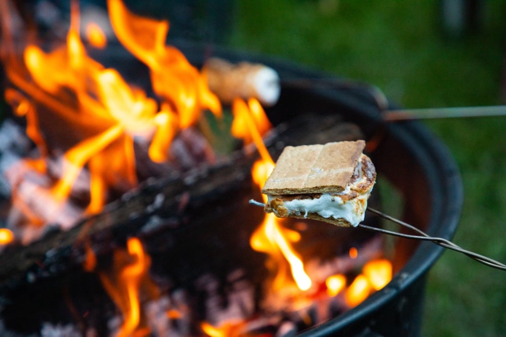 S'mores on a campfire as camping food