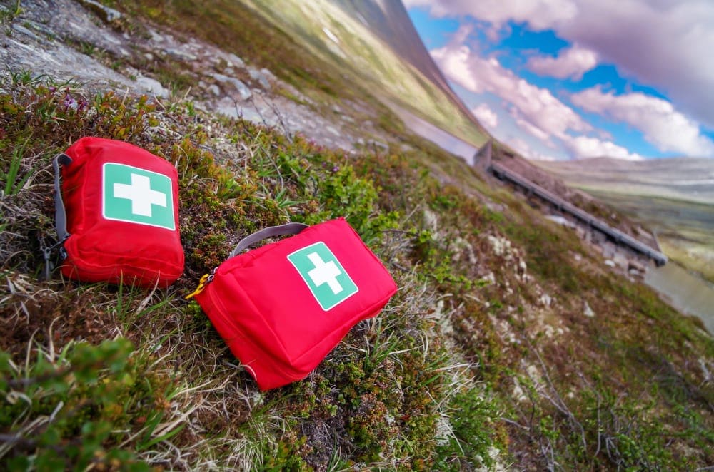 First aid kit on the ground for dog camping