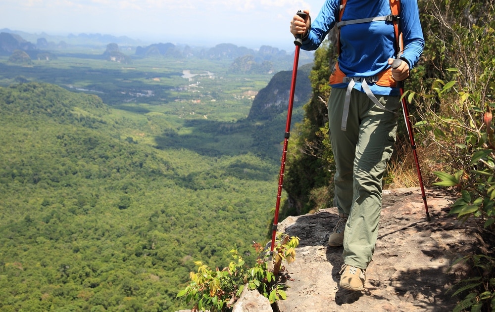 Hiker wearing proper hiking clothes and a hiking pole going for the summit