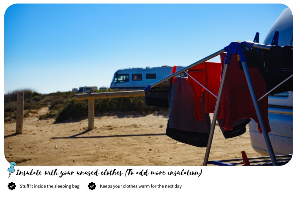 Camping clothes hanging on a rack on a sunny day