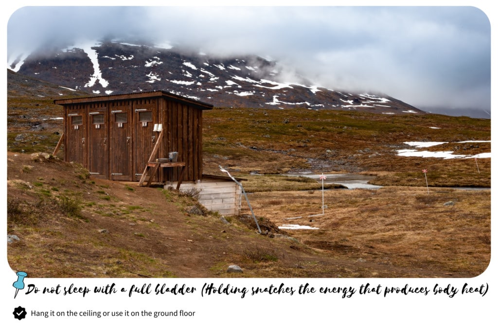 Camping toilets in the middle of a fields with mountains and cloudy sky at the back