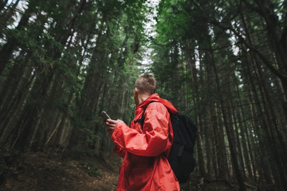Hiker in a red jacket using a smartphone gps and looking around in the woods