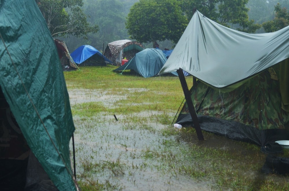 Camping tents and ground wet from rain