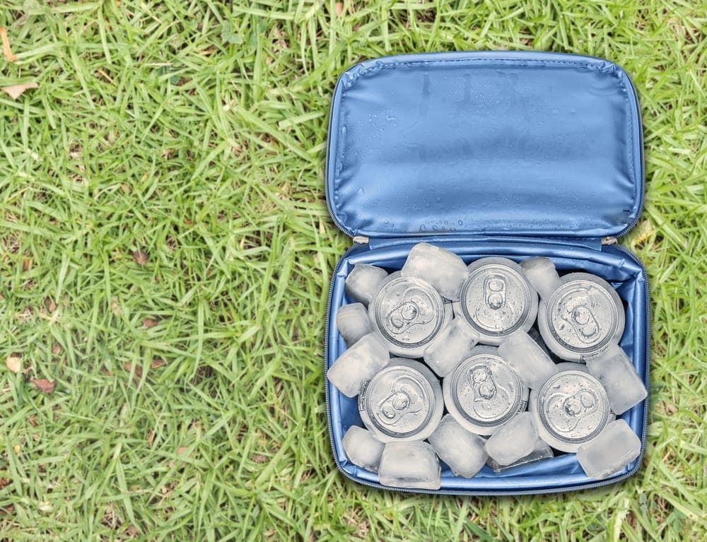 Well insulated cooler with soda cans and dry ice for camping 