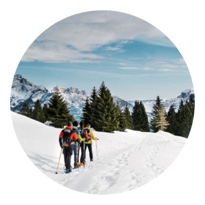 Hikers using a hiking poles walking on a ground full of snow