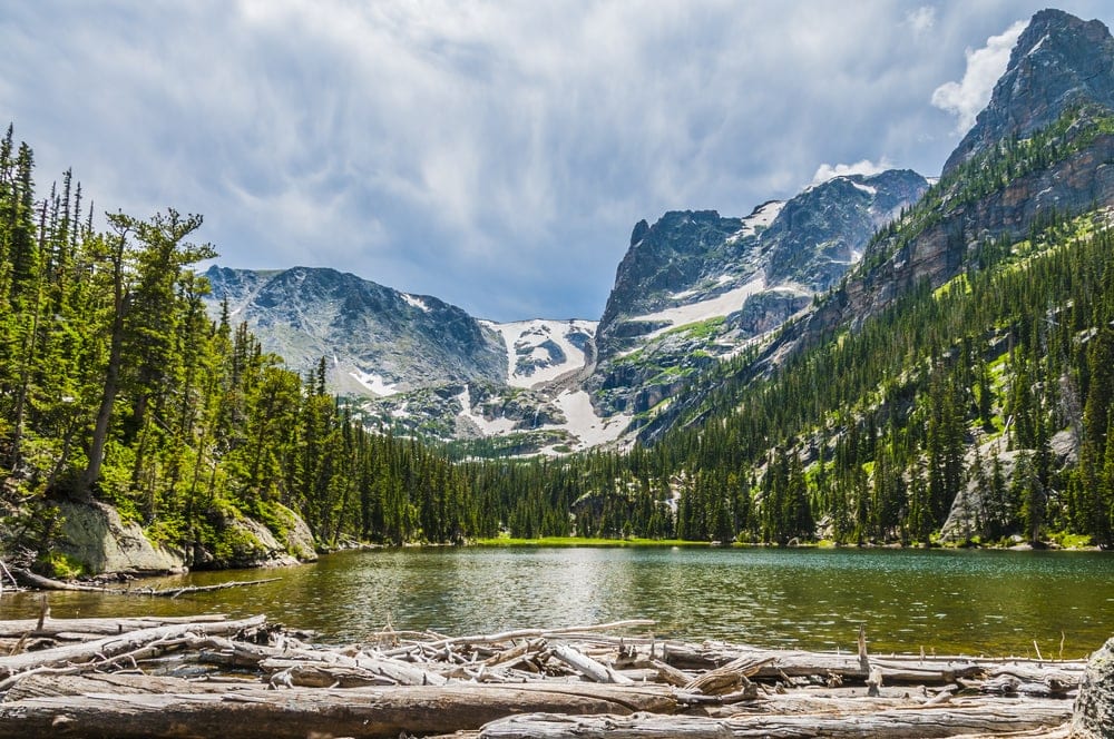 stunning view of  lake odessa with stunning view of Notchtop Mountain in Rocky Mountain National Park