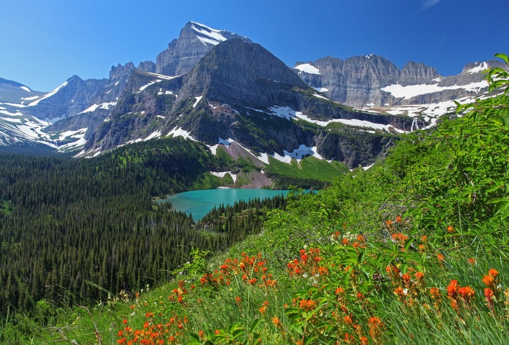 Snow capped mountains in Glacier National Park in Montana, USA