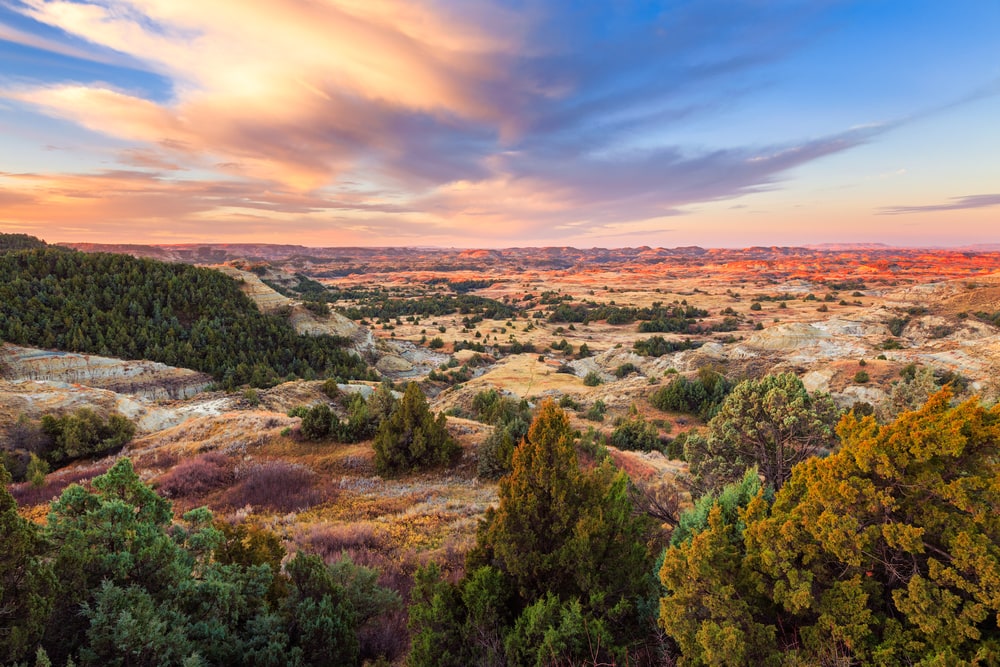 scenic view of Sunrise over Theodore Roosevelt National Park, North Dakota