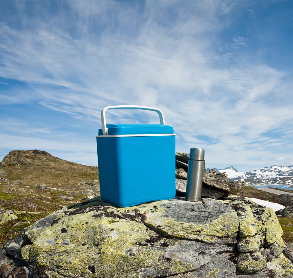 a cooler placed on a rock on a mountain