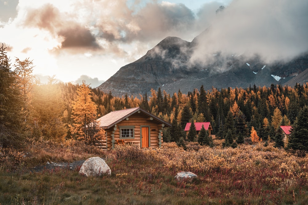 Wooden huts with sunshine in autumn forest at Assiniboine provincial park, 
