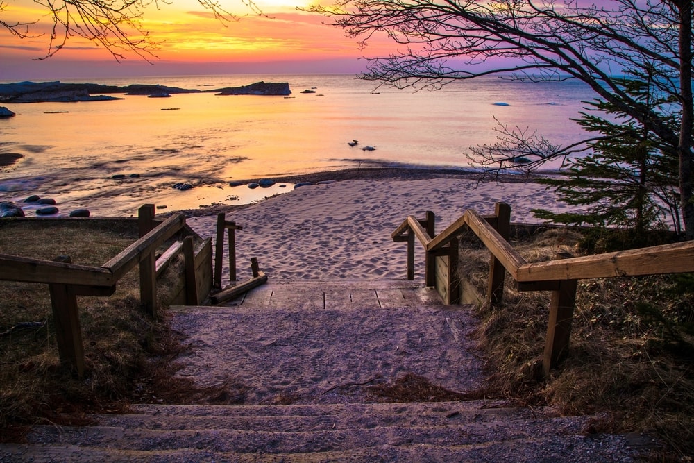 stairs leading to Lake Superior at the Hurricene River Campground in Pictured Rocks National Lakeshore.
