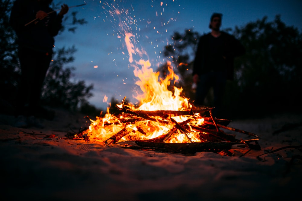 close up image of a campfire with people in the background in a forest setting at dusk