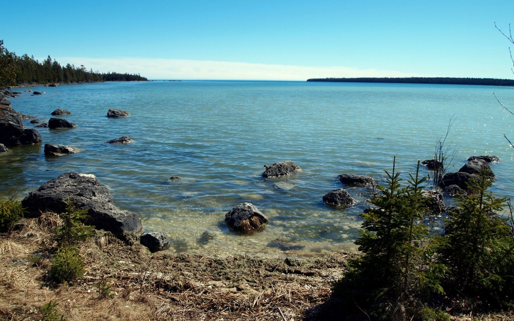 Landscape view on Lake Huron with boreal forest from the Upper Peninsula (Michigan, USA)