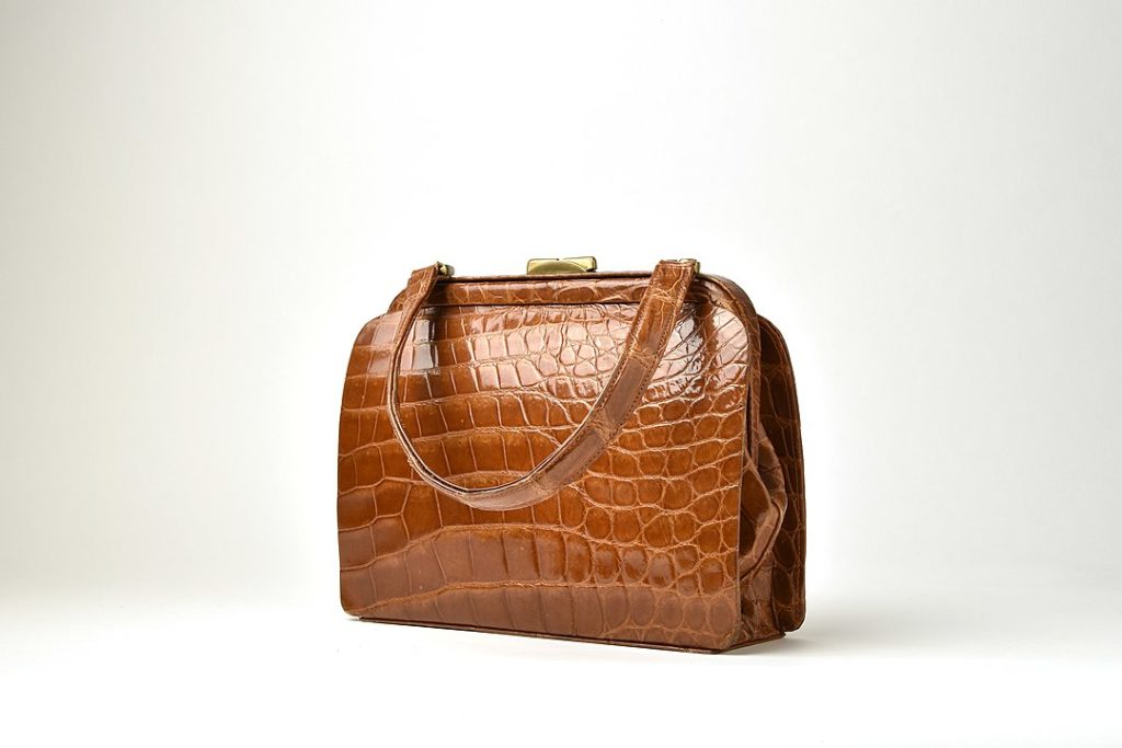 Bag made of alligator skin on white background