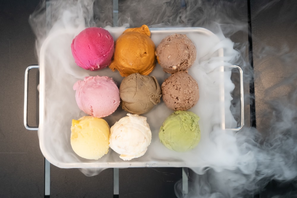 Dry ice cooling ice cream in a pan