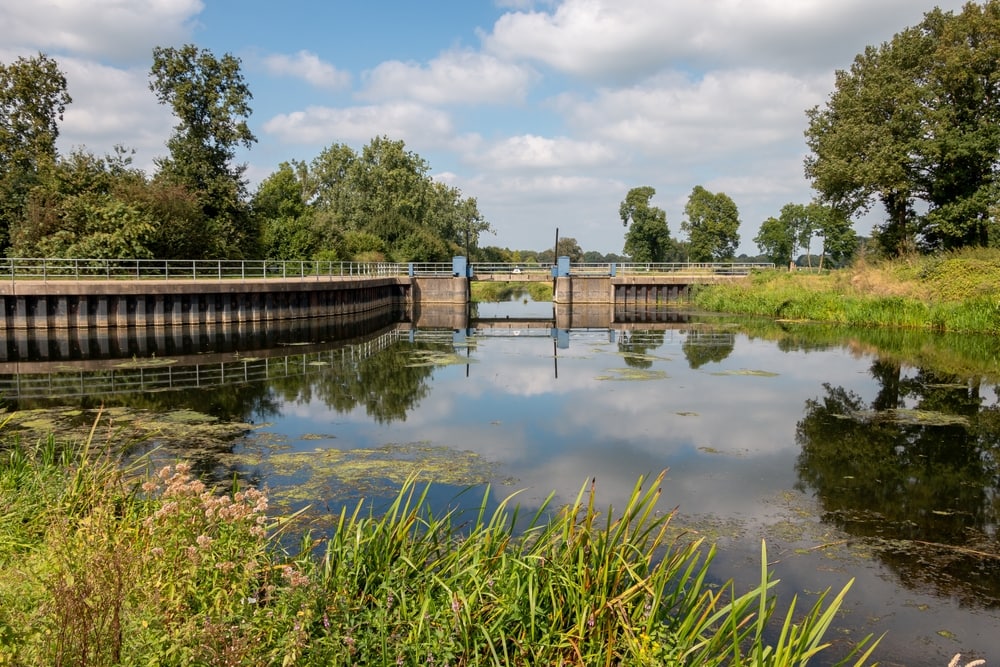 River in Michigan with bridge on it