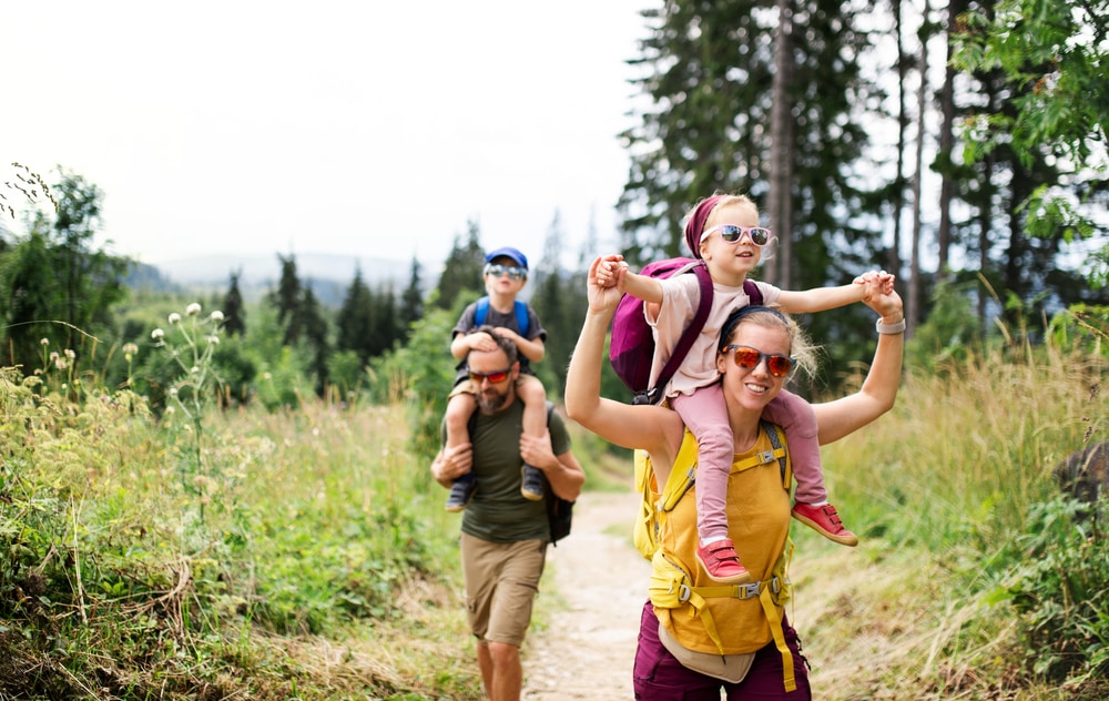A family on a day hike outdoors