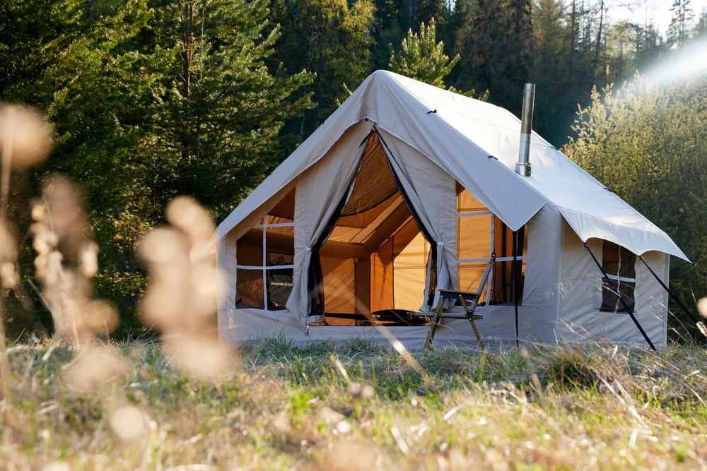 An inflatable tent in a forest