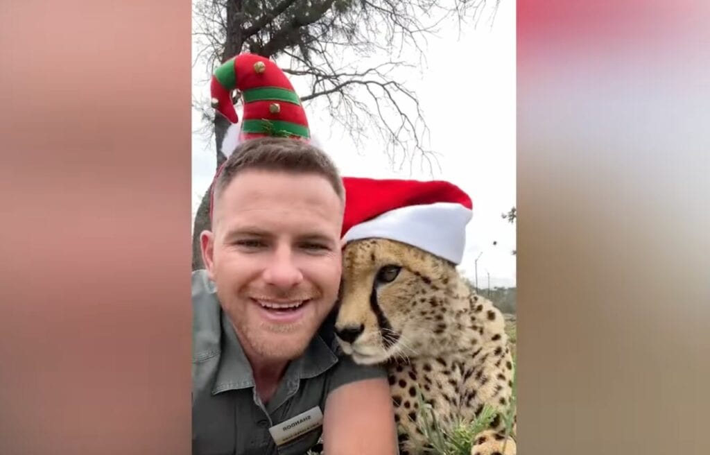 Shandor and Cindy wearing Christmas hats